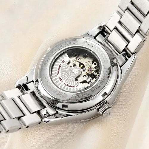 Vista 5 de CARNIVAL Reloj mecánico automático de zafiro sintético para mujer, oro rosa, acero inoxidable, zafiro, resistente al agua, blanco