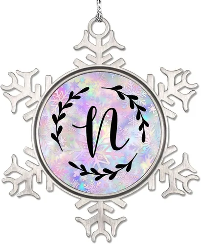 Vista 21 de Adorno de copo de nieve de letra A con inicial de copo de nieve, corona negra, adorno con monograma para decoración de árbol de Navidad, adornos