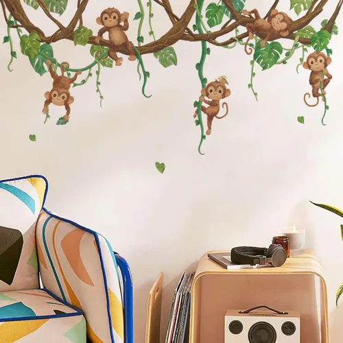 Vista 8 de Runtoo Calcomanías de pared de mono con diseño de árbol de animales de la selva para decoración de pared de dormitorio de niños Árboles de mono