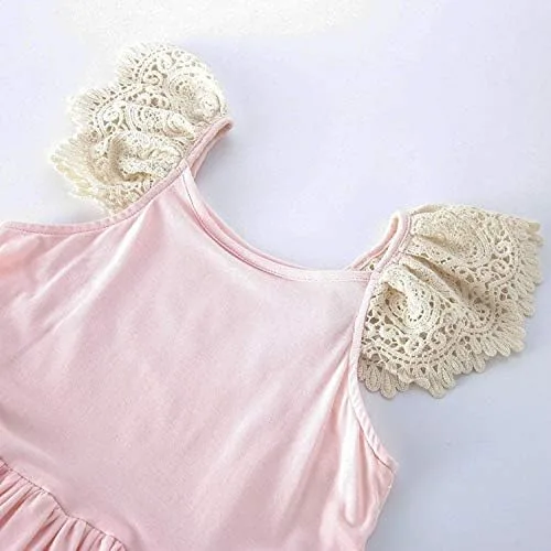 Vista 7 de Vestido largo bohemio con volantes para niñas, color rosa, manga de mosca, volantes, de verano, de algodón