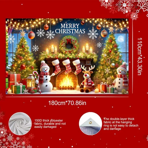 Vista 3 de BlissYard Pancarta de Fondo Navideño Escena de Chimenea con Muñeco de Nieve Reno Medias Guirnalda Árbol Regalos Decoración de Fiesta Navideña 71×43
