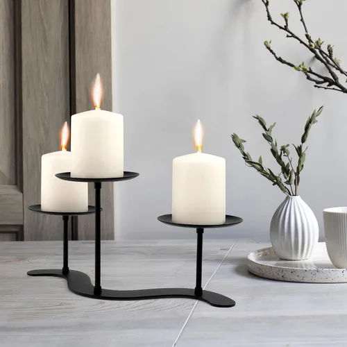 Vista 8 de Candelabro de hierro de 3 brazos - 10 pulgadas ondulado para velas de pilar Marco de metal duradero con 3 plataformas escalonadas, acabado negro