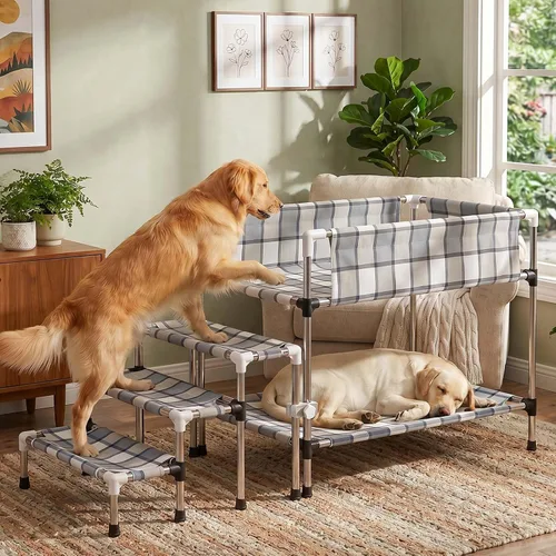 Vista 10 de Litera para Perros con Ventana de Cabecera - Cama Doble Elevada para Perros y Humanos con Barandilla de 2 Capas, Percha de Ventana para Perros, Cuna