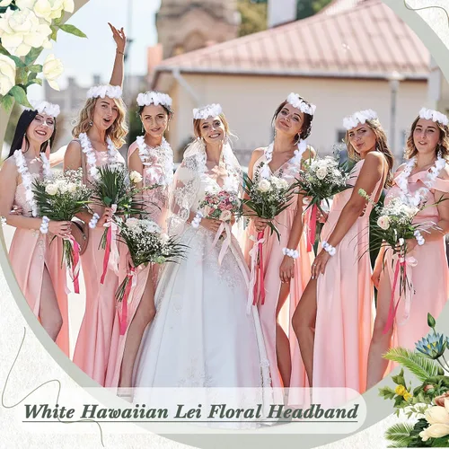 Vista 3 de Hanaive 48 piezas de flores hawaianas blancas Lei para boda a granel floral tropical Luau collar playa guirnalda hawaiana collar pulseras diadema