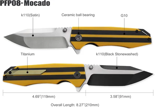 Vista 5 de Petrified fish PFP08 Mocado 3.58" K110 Cuchillo plegable de bolsillo con Amarillo negro lavado a la piedra