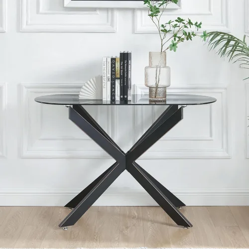 Vista 4 de Moderna mesa consola ovalada de vidrio, mesa de sofá estrecha para entrada, entrada, sala de estar, vestíbulo, pasillo, oficina, 45 pulgadas de Negro