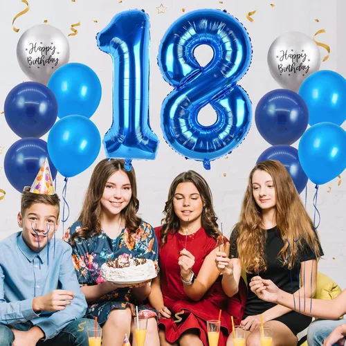 Vista 6 de Globos azules del número 18 de 40 pulgadas, globos de cumpleaños de 18 años, globos de látex azul claro y azul oscuro con impresión plateada