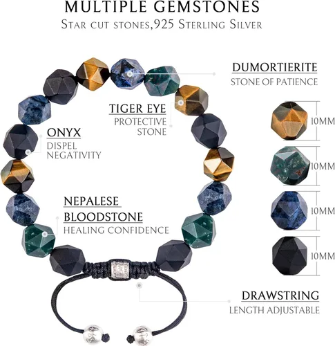 Vista 6 de AWNL Pulsera de cuentas multicolores para hombre, piedras naturales, ojo de tigre, ónix, amatista, plata, obsidiana (0.394 pulgadas), trenzada