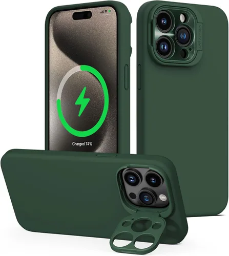 Vista 9 de Nillkin Funda magnética para iPhone 15 Pro Max, silicona líquida compatible con MagSafe, soporte de anillo de cámara integrado, funda magnética