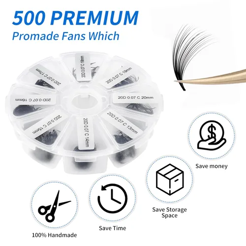 Vista 23 de Extensiones de pestañas de 1200 fans, prefabricadas, con volumen, 9-20mm, bandeja mixta, 20D, con punta en C, base puntiaguda, extensiones