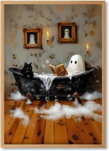 Vista 23 de Arte de pared vintage de Halloween embrujado de granja, parche de calabaza rústica con bonitos fantasmas, póster impreso en lienzo espeluznante