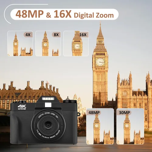 Vista 3 de Cámara digital 4K, cámara de vlogging con WiFi para YouTube, enfoque automático 16X Zoom 48MP Cámaras Fotografía Tarjeta SD de 64 GB, Gran Angular
