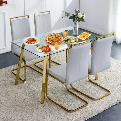 Vista 23 de Juego de mesa de comedor de cristal para 4, mesa rectangular con 4 sillas de cocina de cuero blanco, juego de comedor de cocina de 51 pulgadas, mesa