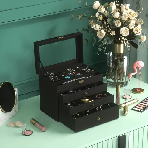 Vista 7 de Somduy Joyero para niñas y mujeres, 4 capas, organizador de joyas vintage y caja de exhibición, almacenamiento de collar de gran capacidad