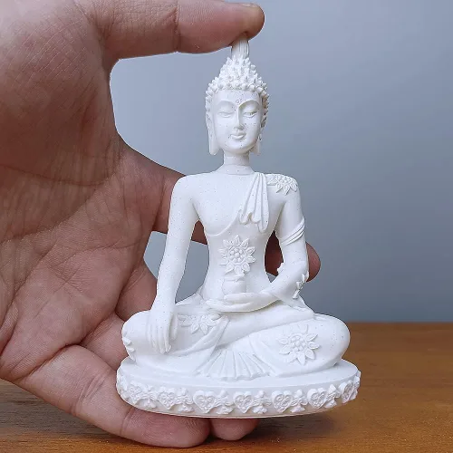 Vista 6 de HYFAN Estatua armoniosa de meditación de Buda de piedra arenisca para manualidades, escultura de Feng Shui, decoración para el hogar, oficina