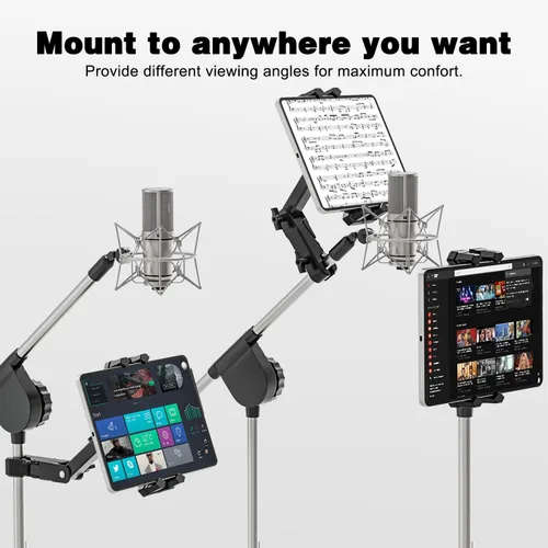 Vista 6 de Soporte para iPad para soporte de micrófono, soporte de música para tableta con abrazadera en C para soporte de partituras, soporte de teléfono