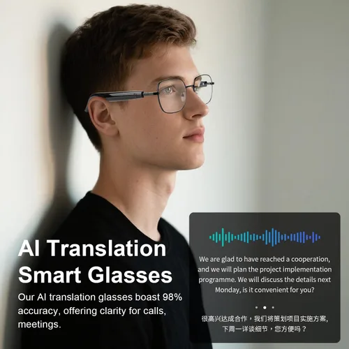 Vista 5 de Lentes inteligentes AI, impulsados por GPT, admiten traducción de más de 165 idiomas, traductor multifuncional, reducción de ruido y lentes
