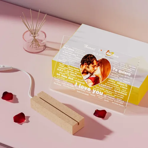Vista 6 de Bemaystar Regalos personalizados para novia, novio, 100 idiomas con texto en inglés "I Love You", luz nocturna con imagen, aniversario, San