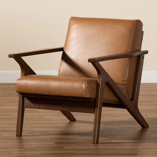 Vista 9 de Baxton Studio Bianca Mid-Century - Sillón moderno con acabado de madera y piel sintética color marrón nogal