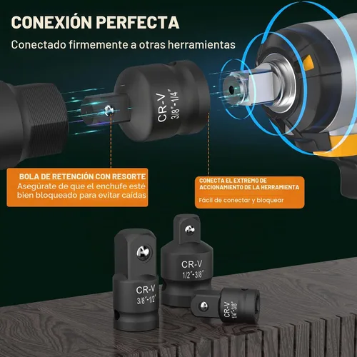 Vista 3 de Juego de adaptador y reductor de enchufe de impacto, juego de adaptadores de impacto de 1" a 1/2", kit de conversión de llave de barra rompedora