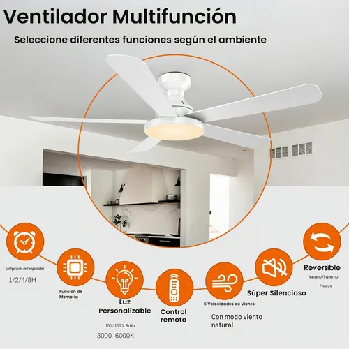 Vista 4 de Ventiladores de techo con luces, ventilador de techo de montaje empotrado de 52 pulgadas con luz, control remoto/aplicación, ventilador de techo