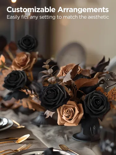 Vista 5 de InnoGear Flores artificiales, paquete de 50 unidades, rosas artificiales de espuma negras con tallos a granel para decoración, ramos de boda DIY