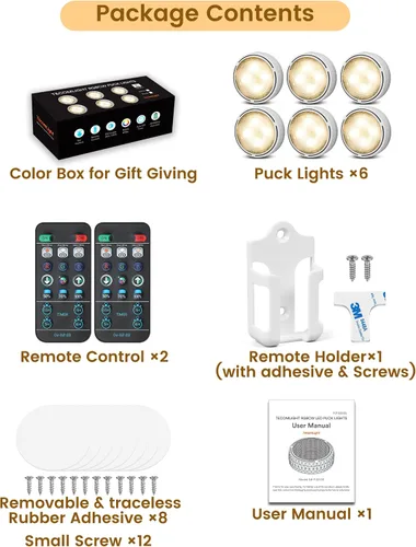 Vista 5 de TECOMLIGHT Luces de disco con control remoto, iluminación inalámbrica para debajo del gabinete, funciona con pilas, luces de empuje para cocina