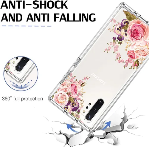 Vista 7 de Funda para Galaxy Note 10+ 5G/Note 10 Plus SM-N975U: Híbrido, policarbonato y TPU, diseño floral, flor de rosa, con protector de pantalla de vidrio