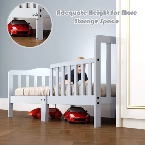 Vista 6 de Costzon Cama infantil, marco de cama clásico de madera para niños con doble barandilla de seguridad, diseño bajo al suelo, soporte de listones