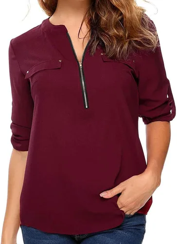 Vista 2 de Camisas enrollables de verano con cuello en V y cremallera para mujer, color liso, manga larga, tops elegantes y elegantes