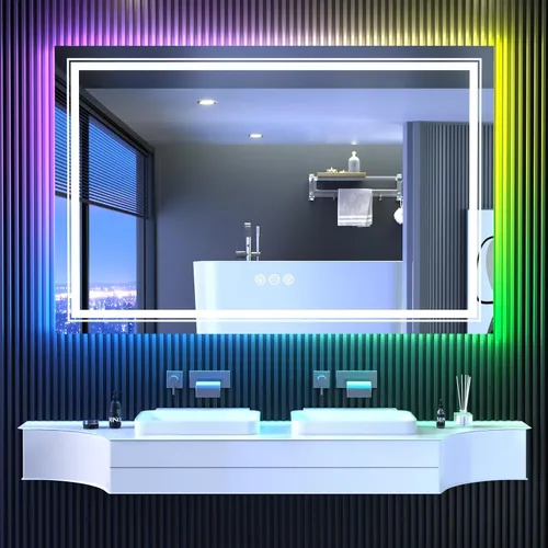 Vista 9 de Snowdool Espejo LED para baño, 28 x 36 pulgadas con retroiluminación RGB de 8 colores + 3 luces delanteras (ajustables individualmente), antiniebla