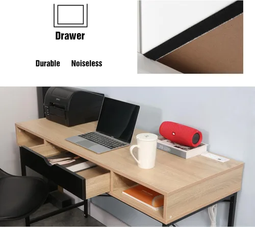 Vista 7 de JJS Escritorio de 48 pies con toma de corriente, escritorio grande contemporáneo para oficina en casa, estación de trabajo para computadora portátil
