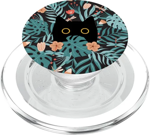 Vista 8 de Gato negro en flores botánicas patrón floral verde lindo gato PopSockets estándar PopGrip