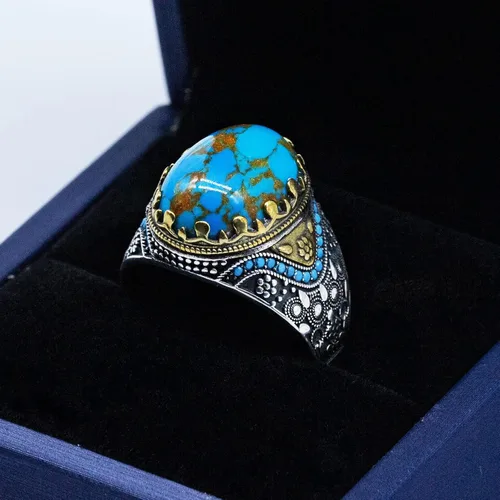 Vista 4 de Retro Natural Turquoise Ring for Men, 925 Sterling Silver Oval Sky Blue Stone Statement Ring,Turkish Vintage Engraving Design Handmade