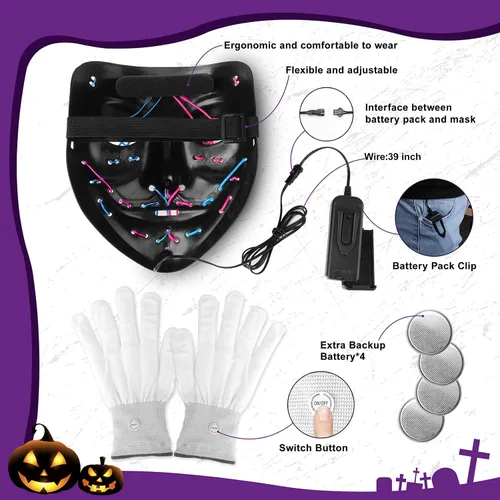Vista 2 de Máscara de carnaval de Halloween, guantes de esqueleto, máscara de la purga, guantes luminosos, disfraces de Halloween aterradores para adultos