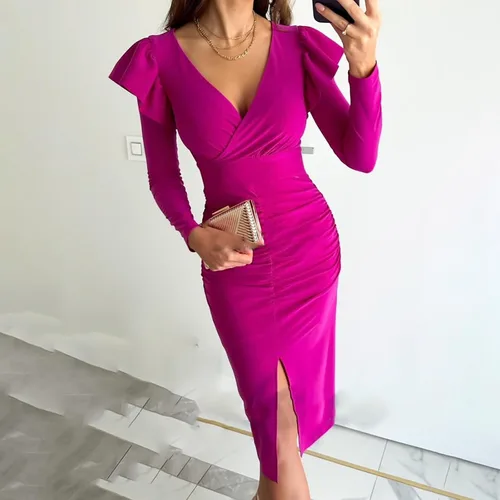 Vista 2 de Vestidos formales para mujer corte bajo, ajustado, vestido dividido volantes y manga cóctel, vestido fiesta cintura