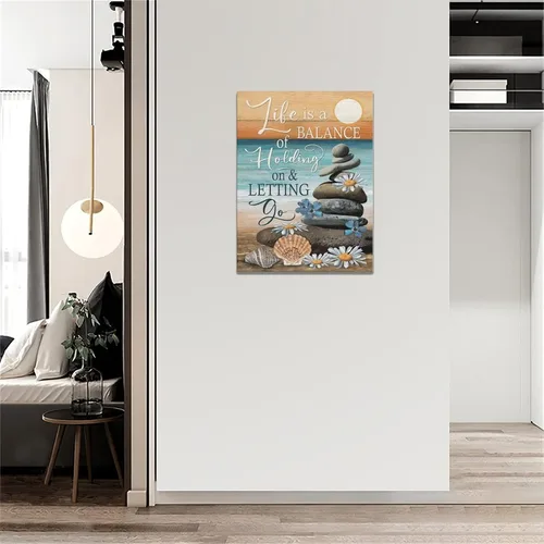 Vista 4 de Lienzo inspirador de playa costera, arte para pared, diseño de piedras zen, puesta de sol y océano, decoración de pared, citas de vida, impresiones
