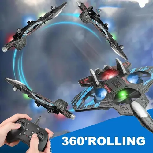 Vista 5 de Nuevo juguete RC Stunt Fighter Jet 2026 para niños con giros de 360° y luces LED, avión de control remoto de espuma, avión RC para niños y adultos
