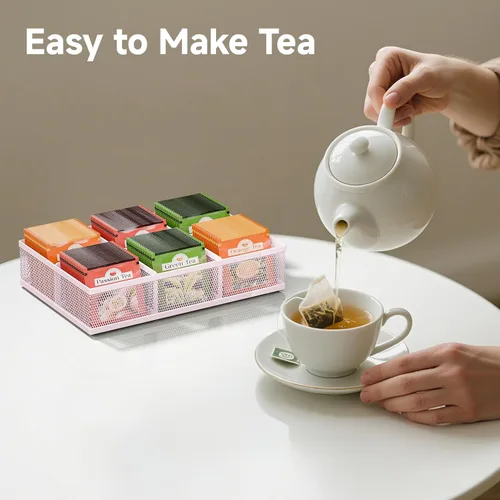 Vista 4 de Tea Bag Organizer 6 Grids. Mesh Tea Bag Holder with Handle, Teabag Holder, Tea Station Organizer for Countertop, Pantry, Kitchen, Cabinet - Pink