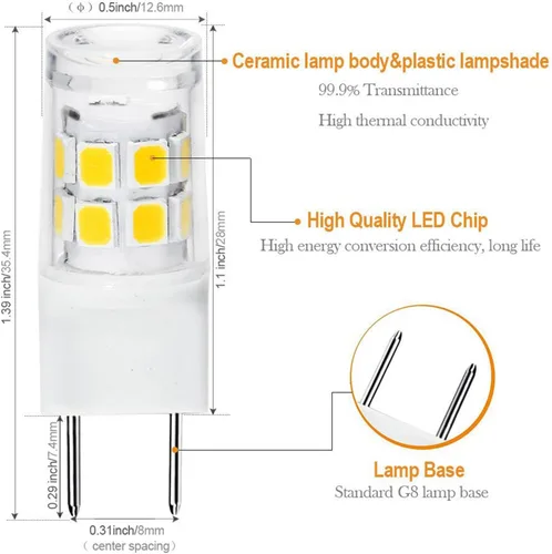 Vista 2 de Bombilla LED G8 de 3 W, WB25X10019 Bombilla halógena de 20 W de repuesto para luz de horno microondas GE, base bi-pin T4 JCD tipo G8, 120 voltios