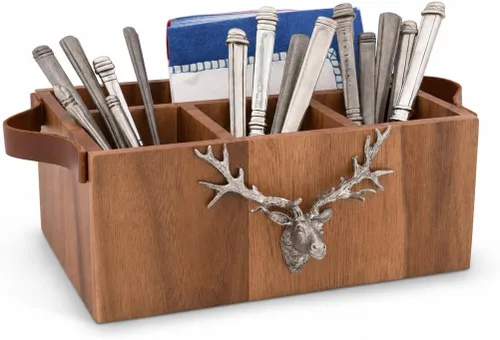 Vista 7 de Caddy - Cubertería rectangular de madera de acacia/utensilios para servir/utensilios/soporte para llevar todo el soporte de peltre sólido con asas