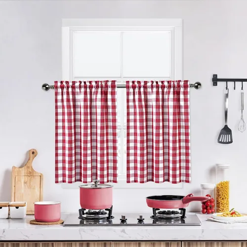 Vista 23 de Cortinas de Cocina Estilo Granja de Cuadros Vichy Blanco y Negro de 24 Pulgadas de Largo, Cortinas de Café de Media Ventana de Cuadros Buffalo