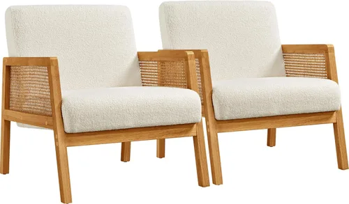 Vista 11 de Yaheetech Silla decorativa, sillón moderno de ratán, cómoda silla de lino con patas de madera para sala de estar, dormitorio, sala de lectura Beige