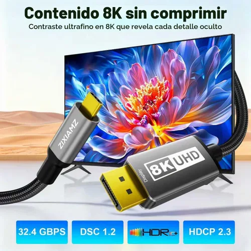 Vista 2 de Cable USB C a puerto de pantalla 1.4 (8K @60Hz 4K a 240Hz) 3.3 pies