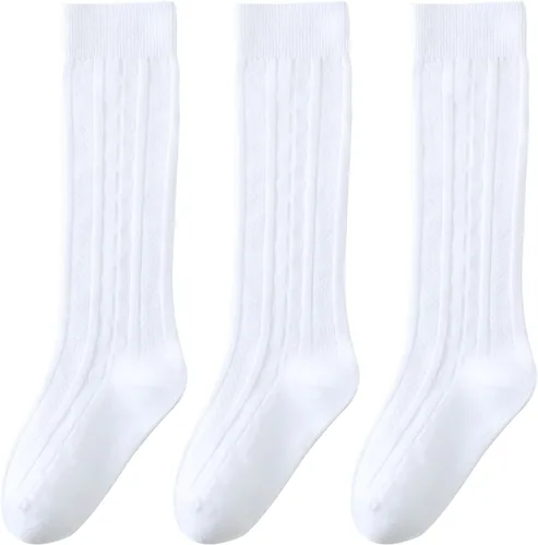 Vista 2 de Calcetines altos hasta la rodilla para niñas, punto trenzado, acanalados, para uniforme escolar, paquete de 36, calcetines de tubo sin costuras