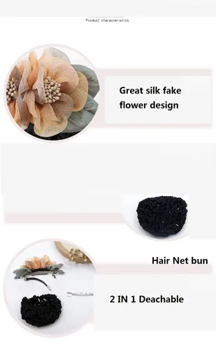 Vista 2 de Paquete de 3 pinzas para el pelo de flores de seda para mujer, cubierta de moño para el cabello, pasadores de red de red de encaje con lazo