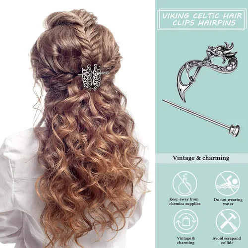 Vista 3 de WILLBOND 2 piezas de accesorios vikingos para el cabello, pinzas para el cabello, nudo celta, horquilla triangular, dijes minimalistas