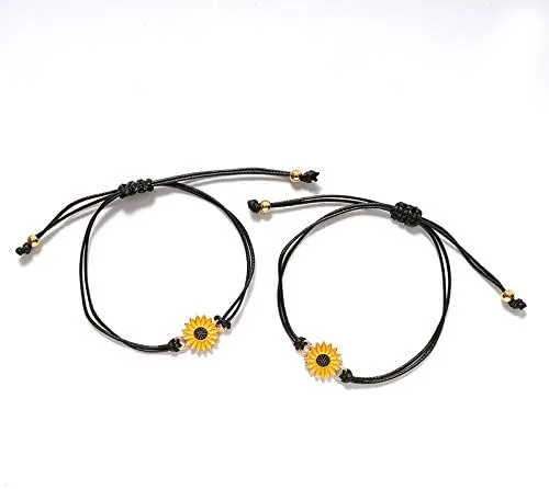 Vista 2 de Pulseras de girasol de moda para hombres y mujeres, hechas a mano, trenzadas con cuerda negra, dije de amistad, tarjeta de deseos, surf, joyería