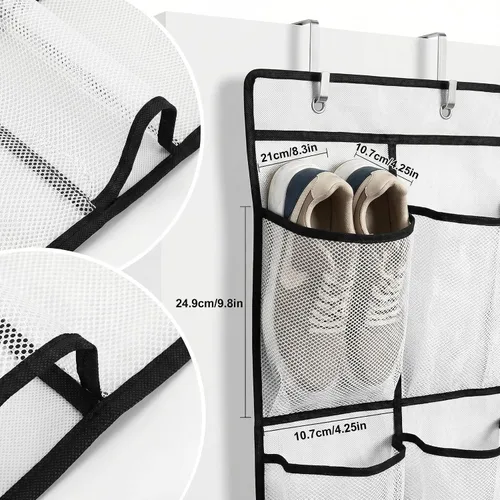 Vista 4 de Organizador de zapatos sobre la puerta con 14 bolsillos grandes de malla, almacenamiento colgante que ahorra espacio para zapatos y accesorios, Negro