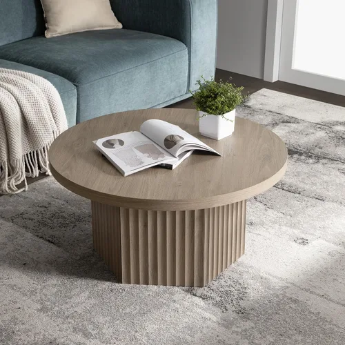 Vista 10 de SICOTAS Mesa de centro redonda para sala de estar, mesa de centro acanalada moderna de mediados de siglo con almacenamiento, mesa de comedor de té